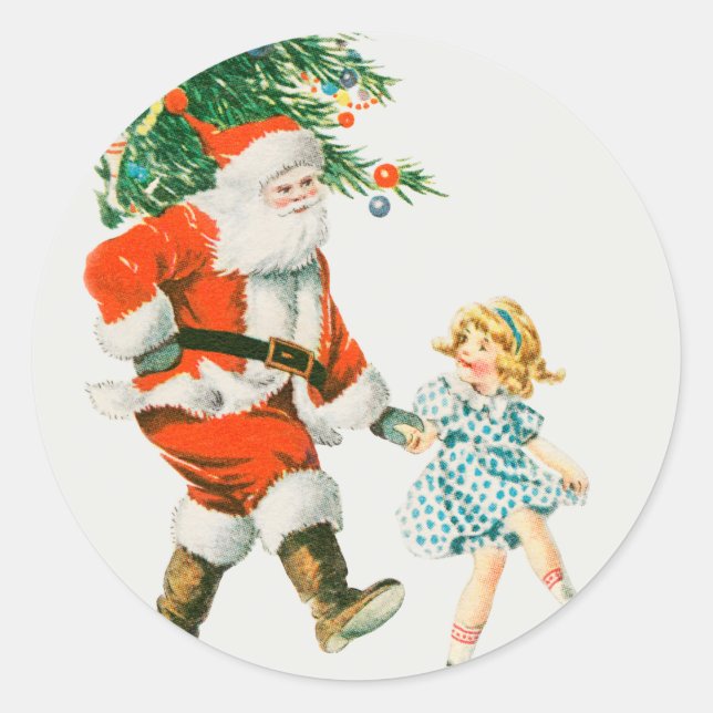 Weihnachtsmann und Kleines Mädchen Runder Aufkleber (Vorderseite)