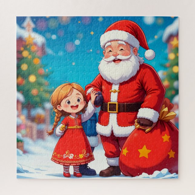 Weihnachtsmann und Mädchen mit einem Geschenkbeute (Vertikal)
