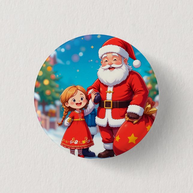 Weihnachtsmann und Mädchen mit einem Geschenkbeute Button (Vorderseite)