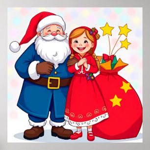 Weihnachtsmann und Mädchen mit einem Geschenkbeute Poster