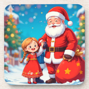 Weihnachtsmann und Mädchen mit einer Geschenktasch Getränkeuntersetzer