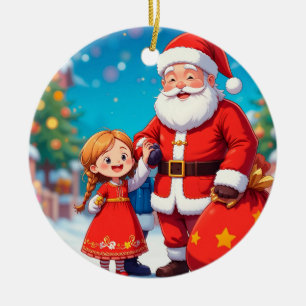 Weihnachtsmann und Mädchen mit einer Geschenktasch Keramik Ornament