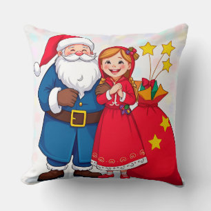 Weihnachtsmann und Mädchen mit einer Geschenktasch Kissen