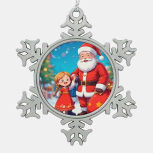 Weihnachtsmann und Mädchen mit einer Geschenktasch Schneeflocken Zinn-Ornament