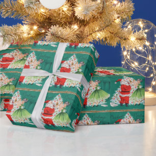Weihnachtsmann und Mädchen schmücken Weihnachtsbau Geschenkpapier
