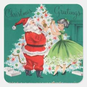 Weihnachtsmann und Mädchen schmücken Weihnachtsbau Quadratischer Aufkleber