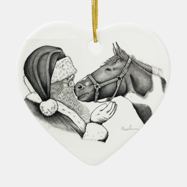 Weihnachtsmann und Paint Pinto Pferd Keramik Ornament (Vorne)