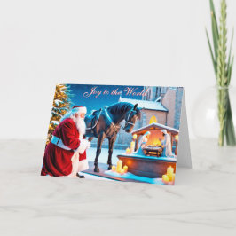 Weihnachtsmann und Pferd an der Weihnachtskarte de Feiertagskarte