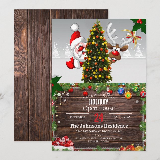 Weihnachtsmann und Reindeer Einladung (Vorne/Hinten)