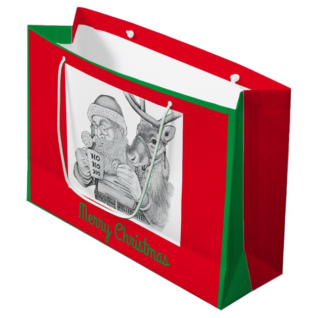 Weihnachtsmann und Reindeer Große Geschenktüte (Vorderseite Schrägansicht)