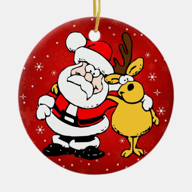 Weihnachtsmann und Reindeer Niedlich Weihnachten Keramik Ornament (Vorne)