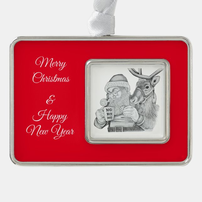 Weihnachtsmann und Reindeer Rahmen-Ornament Silber (Vorderseite)