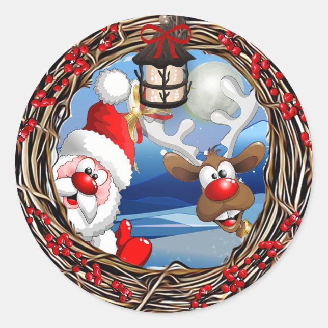 Weihnachtsmann und Reindeer Runder Aufkleber (Vorderseite)