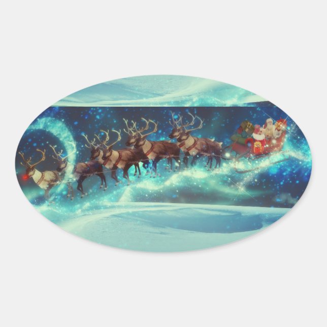 Weihnachtsmann und Reindeer Sleigh Weihnachten Ovaler Aufkleber (Vorderseite)