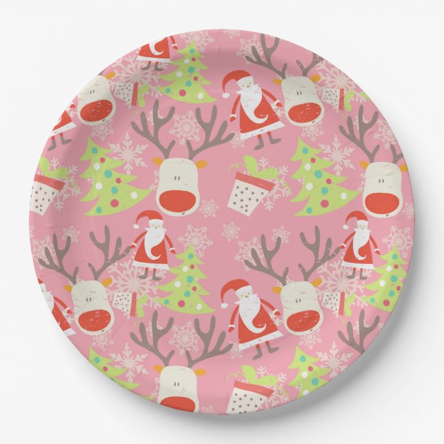 Weihnachtsmann und Rentier mit Weihnachtsbaum Pappteller (Vorderseite)