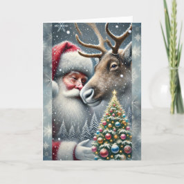 Weihnachtsmann und Rentier, Schneewald, Weihnachts Feiertagskarte