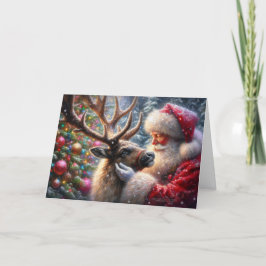Weihnachtsmann und Rentier, Schneewald, Weihnachts Feiertagskarte