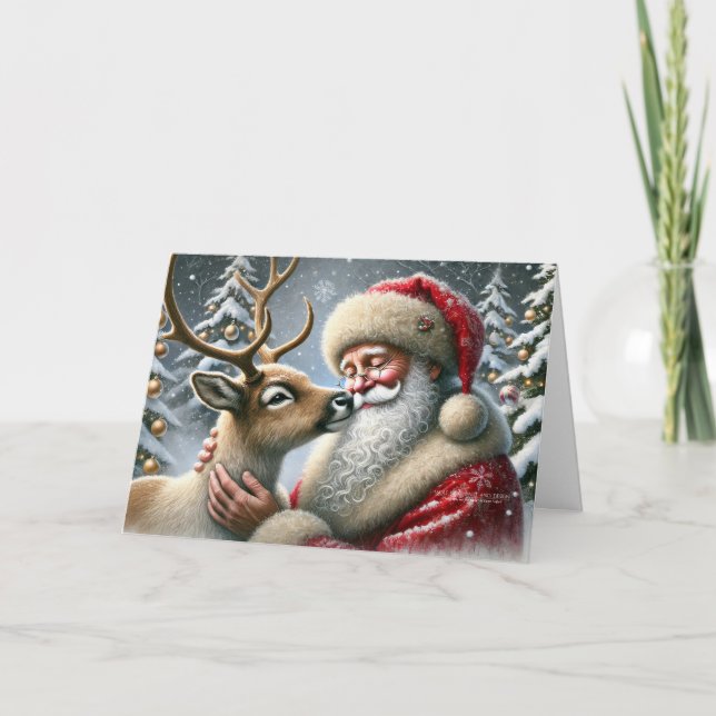 Weihnachtsmann und Rentier, Schneewald, Weihnachts Feiertagskarte (Vorderseite)