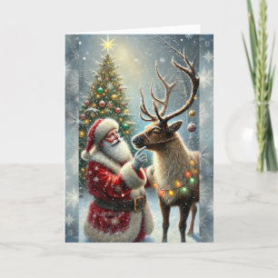 Weihnachtsmann und Rentier, Schneewald, Weihnachts Feiertagskarte