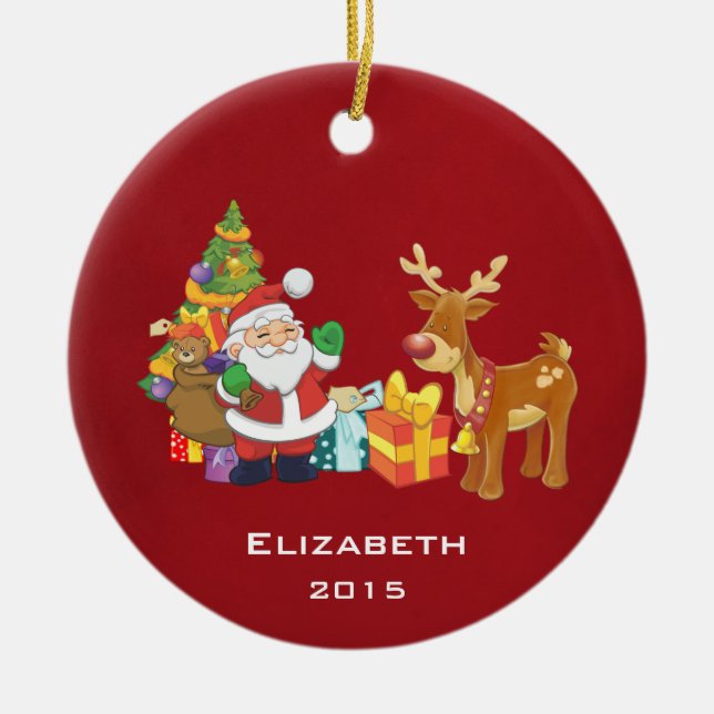 Weihnachtsmann und Rentier von Weihnachtsbaum mit  Keramikornament (Vorne)