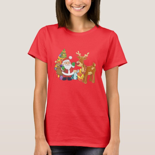 Weihnachtsmann und Rentier von Weihnachtsbaum mit  T-Shirt (Vorderseite)