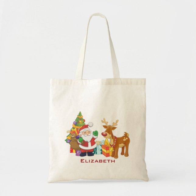 Weihnachtsmann und Rentier von Weihnachtsbaum mit  Tragetasche (Vorne)