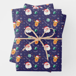 Weihnachtsmann und Rentiere blaues Geschenk Geschenkpapier Set
