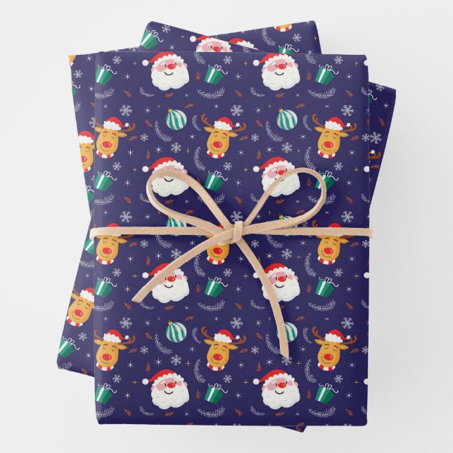 Weihnachtsmann und Rentiere blaues Geschenk Geschenkpapier Set (Beispiel)
