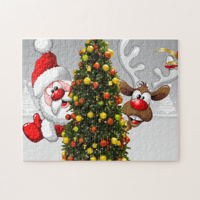 Weihnachtsmann und Rentiere hinter einem Weihnacht (Horizontal)