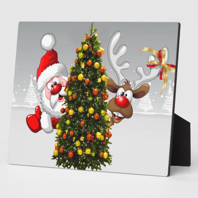 Weihnachtsmann und Rentiere hinter einem Weihnacht Fotoplatte (Seite)