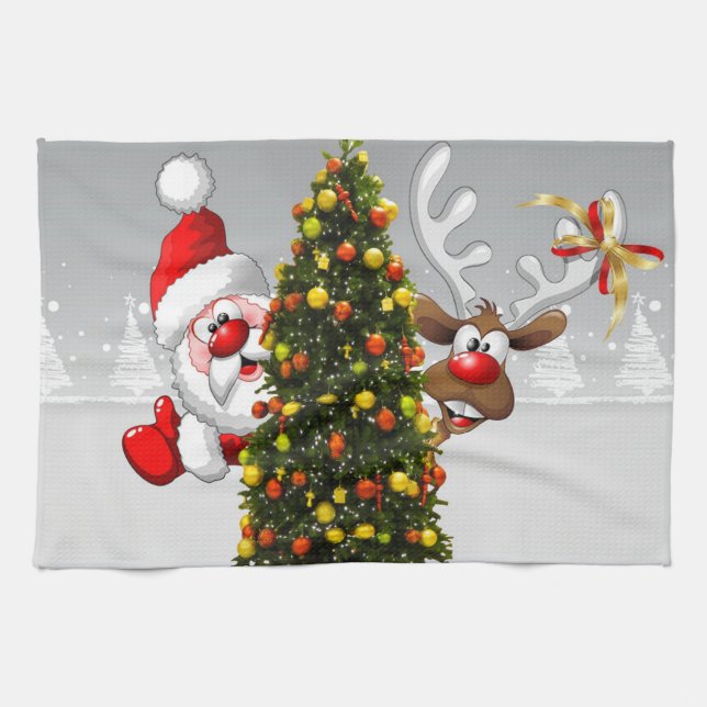 Weihnachtsmann und Rentiere hinter einem Weihnacht Geschirrtuch (Horizontal)