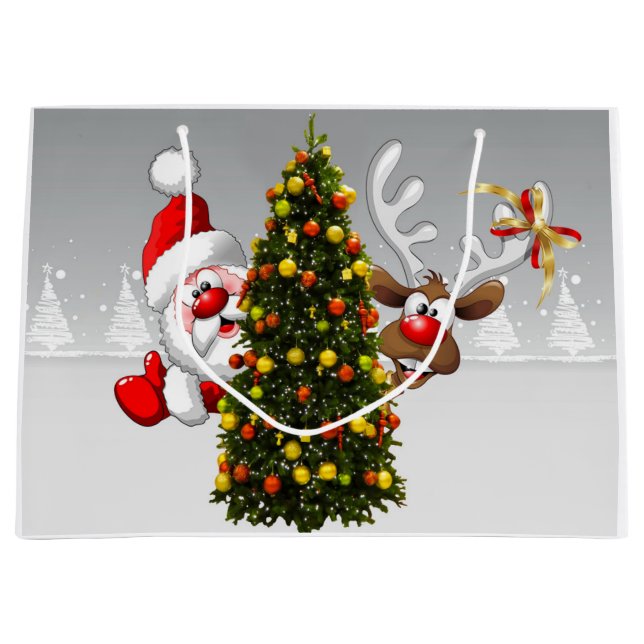 Weihnachtsmann und Rentiere hinter einem Weihnacht Große Geschenktüte (Vorderseite)