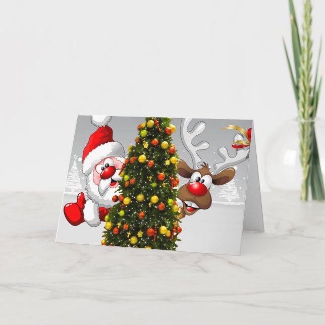 Weihnachtsmann und Rentiere hinter einem Weihnacht Karte (Vorderseite)