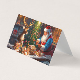Weihnachtsmann und Rentiere machen Lebkuchenhaus