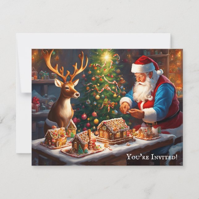 Weihnachtsmann und Rentiere machen Lebkuchenhaus Einladung (Vorderseite)