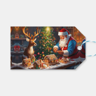 Weihnachtsmann und Rentiere machen Lebkuchenhaus Geschenkanhänger