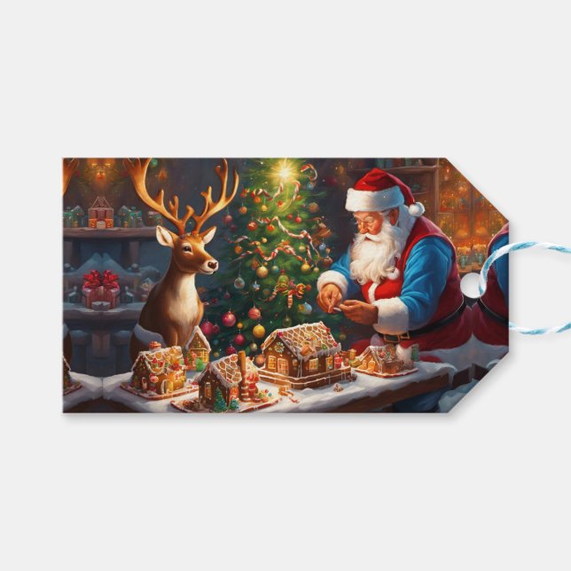 Weihnachtsmann und Rentiere machen Lebkuchenhaus Geschenkanhänger (Vorderseite (Horizontal))