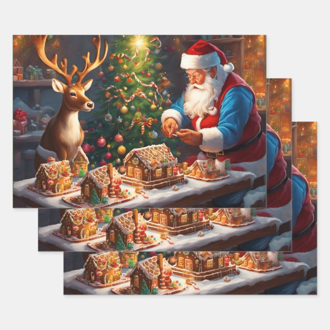 Weihnachtsmann und Rentiere machen Lebkuchenhaus Geschenkpapier Set (Set)