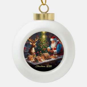 Weihnachtsmann und Rentiere machen Lebkuchenhaus Keramik Kugel-Ornament