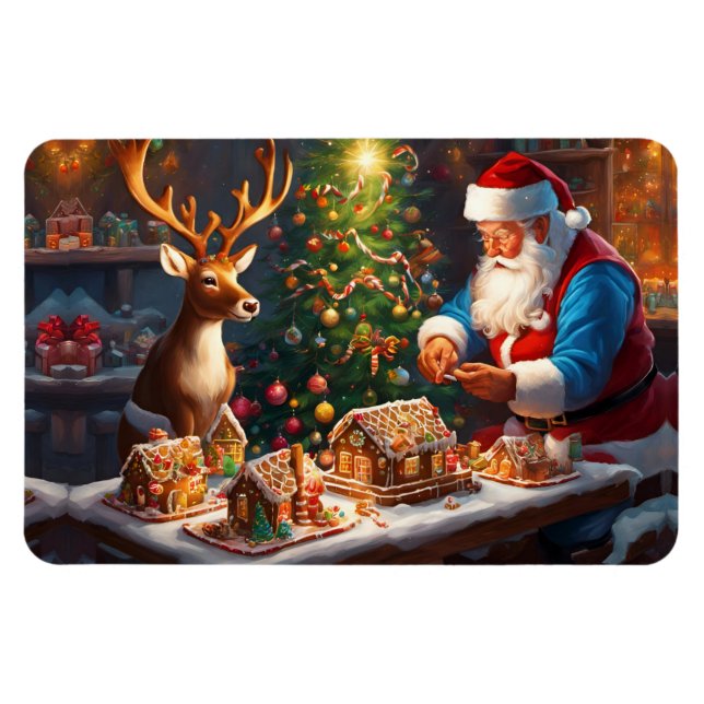 Weihnachtsmann und Rentiere machen Lebkuchenhaus Magnet (Horizontal)