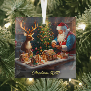 Weihnachtsmann und Rentiere machen Lebkuchenhaus Ornament Aus Glas