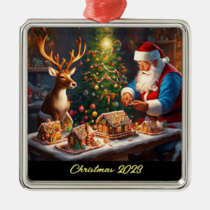 Weihnachtsmann und Rentiere machen Lebkuchenhaus Ornament Aus Metall