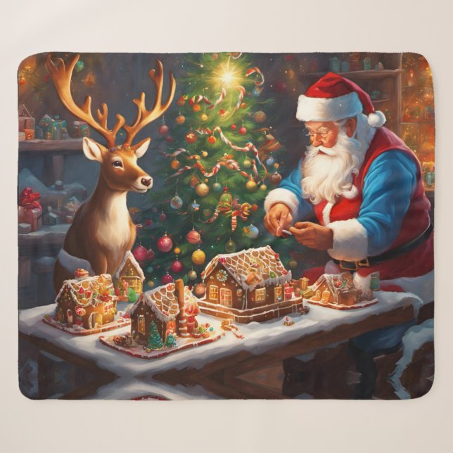 Weihnachtsmann und Rentiere machen Lebkuchenhaus Sherpadecke (Vorderseite (Horizontal))