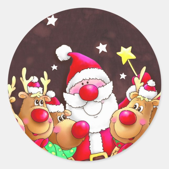 Weihnachtsmann und Rentiere Runder Aufkleber (Vorderseite)