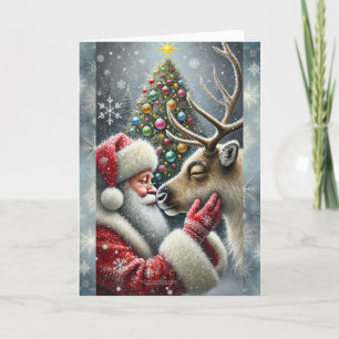 Weihnachtsmann und Rentiere, Schneewald, Weihnacht Feiertagskarte