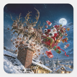 Weihnachtsmann und Rentiere stürzen ab Quadratischer Aufkleber