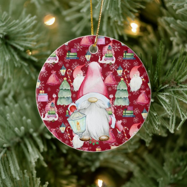 Weihnachtsmann und Rotes Muster Name & Datum Keramik Ornament (Baum)