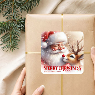 Weihnachtsmann und Rudolph Personalisierte Kinder- Quadratischer Aufkleber