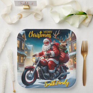 Weihnachtsmann und Rudolph Rentier Motorrad Pappteller