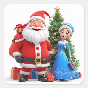Weihnachtsmann und Schneekönigin feiern Weihnachte Quadratischer Aufkleber